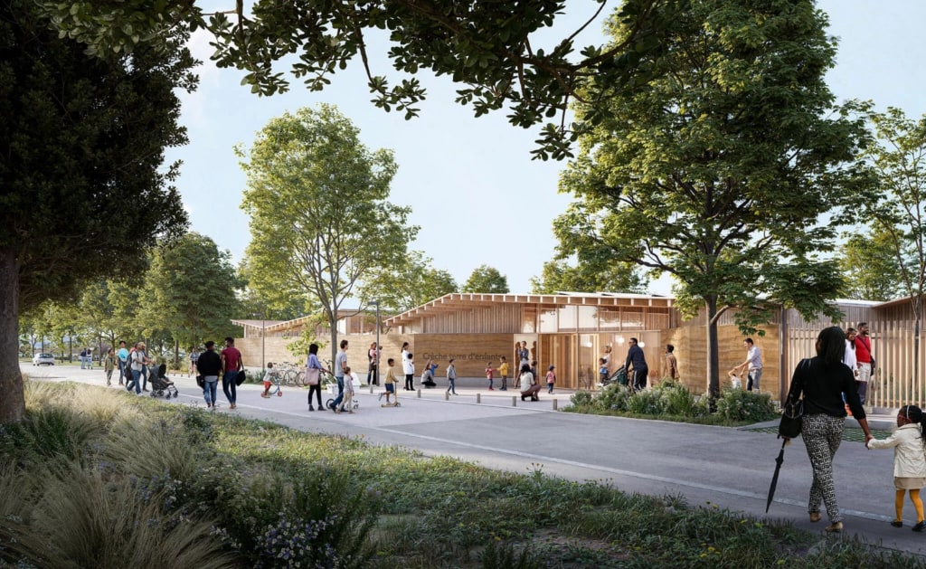 Perspective architecturale de la nouvelle crèche écologique Rosa Parks à Trappes